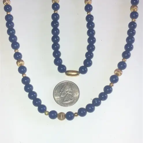 Vintage Spotted Navy Blue & Gold Tone Beaded Boho Retro Necklace