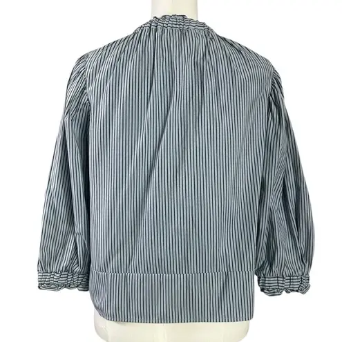 Never a Wallflower Elastic Collar Ruffle Top in Blue Stripes Small 3/4 Sleeves