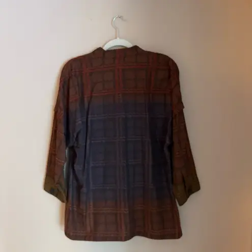 Hilton Hollis purple orange plaid 3/4 sleeve button down mandarin collar top M Size M