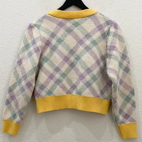 Checkered Plaid Yellow/Purple V Neck Knit Cropped Cardigan Sweater Yellow