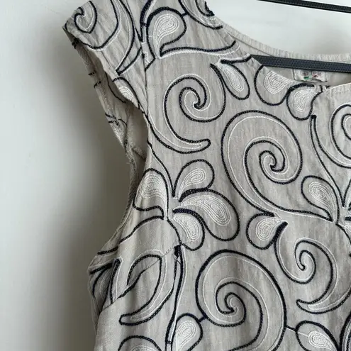 Lina Tomei Linen Dress XL Embroidered Lagenlook Farmer Earthy Cottage Boho Tan