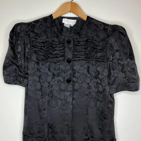 Vintage Silk Studio Black 100% Silk Button Down Dress Short Sleeves Size 6