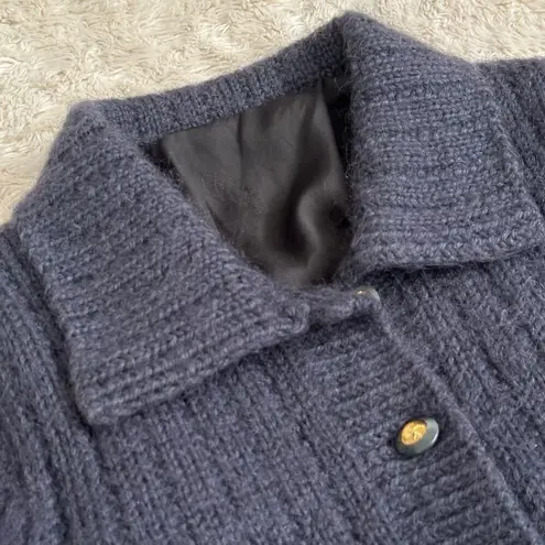 Vintage Mohair Medium Jacket Navy Button Up Cardigan Sweater Collared Cable Knit Blue