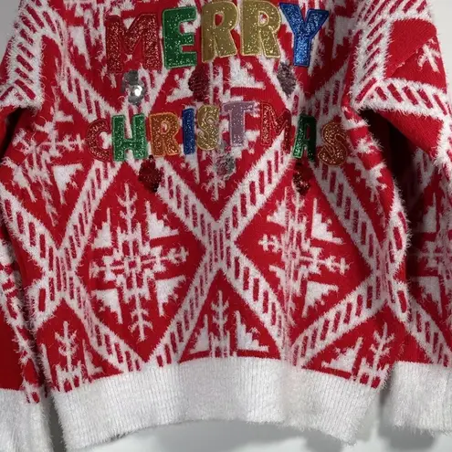 Holiday Time  Merry Christmas Sequin Logo Ugly Christmas Sweater XL Fuzzy Glitter