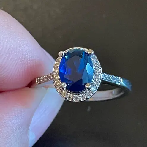 Oval blue sapphire silver plated CZ ring Size 10