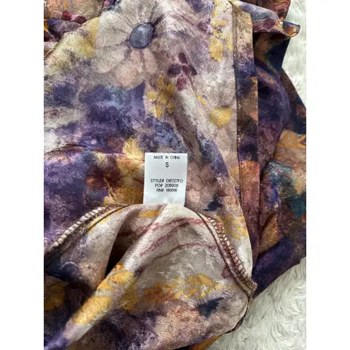 Fore Boutique Satin Purple Gold Floral Maxi Dress Strapless Open Cowl Back