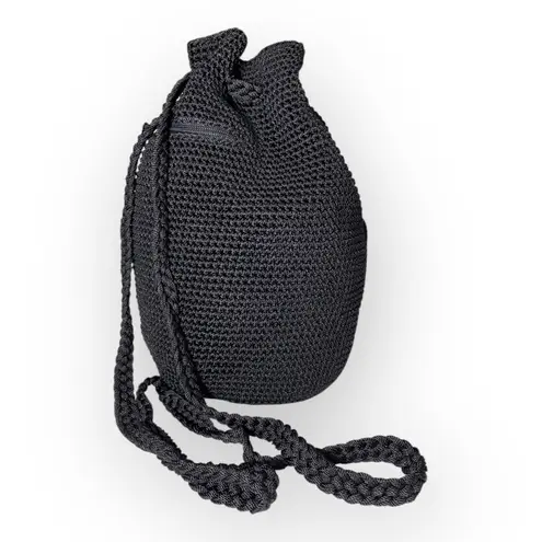 The Sak Bucket Bag Backpack Black Crochet Knit Drawstring Boho Chic Woven