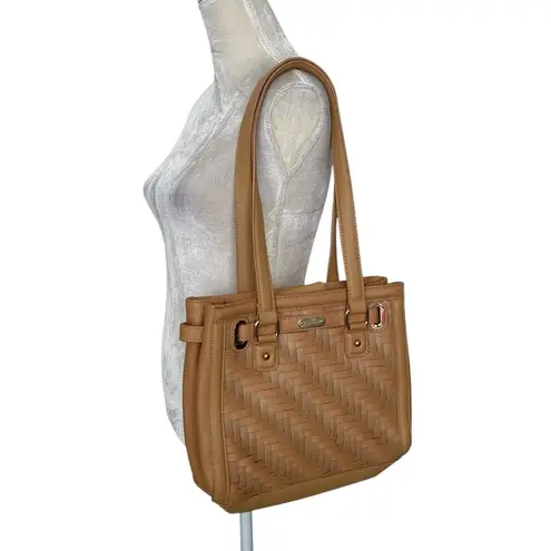 Longaberger Basket Woven Leather Shoulder Bag Stairstep Weave Caramel