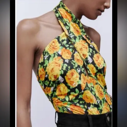 ZARA  Black and Yellow Rose Cross Halter Neck Bodysuit Small