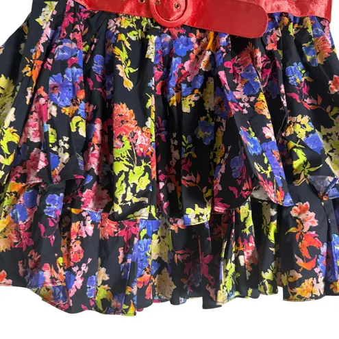 Caroline Constas Reign Black Multi Floral Tiered Ruffle Belted Mini Skirt XL
