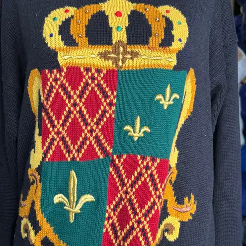 Vintage 90s Marisa Christina Black Knit Crewneck Crest Coat of Arms Sweater Blue Size M