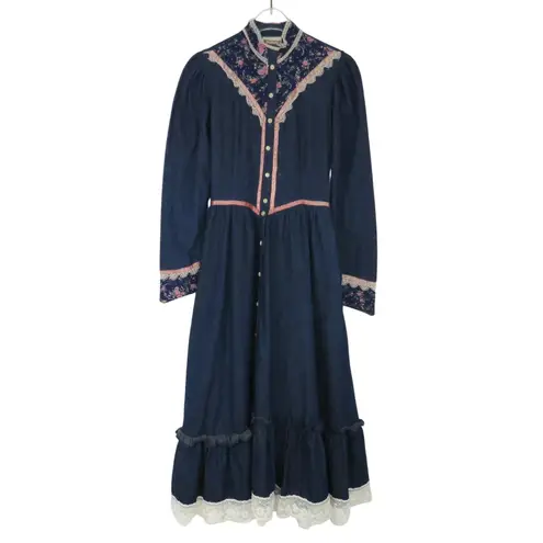 Gunne Sax 1970s Vintage Blue Denim Calico Floral Trim Maxi Dress Prairie Dress 3