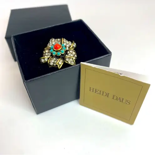 Heidi Daus Ribbon Blossom Flower White Crystal Turquoise and Coral Cab Ring Gold
