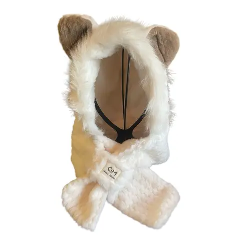 White Plush Hooded Scarf Hat With Animal Ears – Faux Fur Winter Wrap