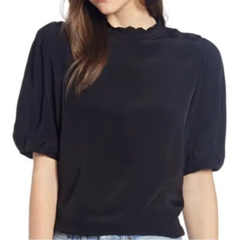 Something Navy Black Short Puff Sleeve MockEyelet Neck Blouse Size Small