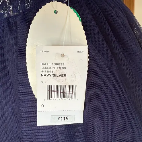 Social Code navy and silver sparkle halter illusion dress lined size 0 Blue