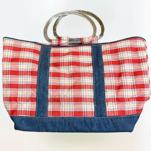 Bongo  Y2k retro red, blue, and white denim plaid cherry picnic bag 🧺