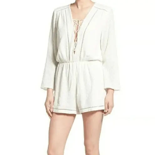 WAYF White Long Sleeve Lattice Trim Floral Eyelet Shorts Romper Small