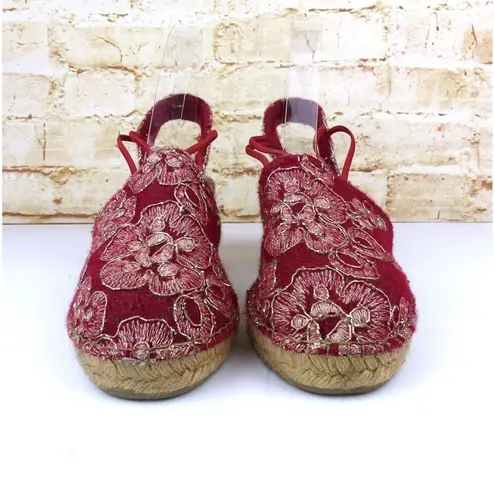 Toni Pons Wedge Espadrilles Sandal Women 42, 11 Red Embroidered Floral Wool Boho