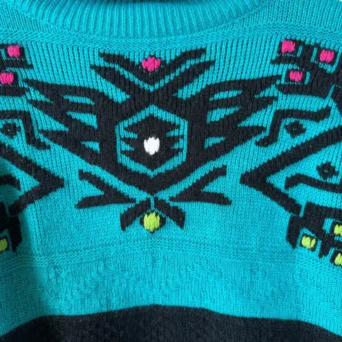 Vintage 80's Gitano Turquoise Embroidered Turtleneck Sweater Southwestern Small Blue