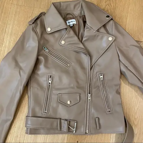 superdown  Giovanna Moto Jacket in Tan Faux Leather with Pockets Zips and Belt