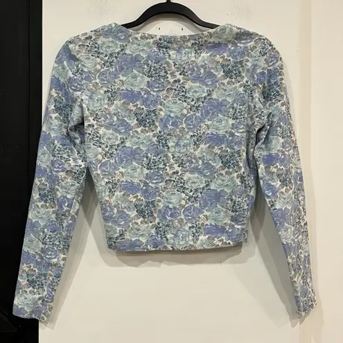 Vintage Sacha Floral Cropped Longsleeve Top Medium Sweetheart Neckline Ditsy Blue