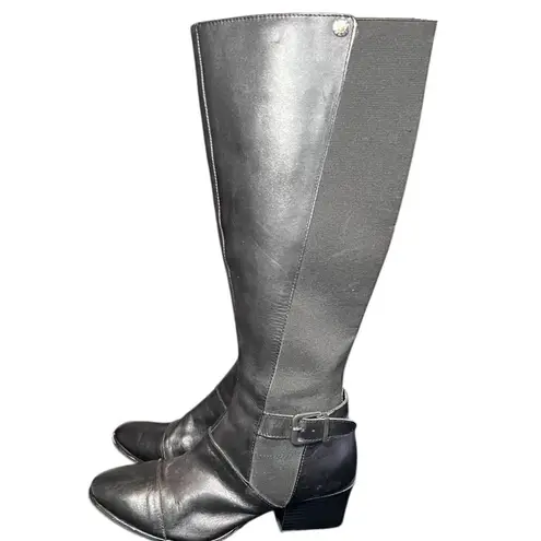 Ellen Tracy Black Leather Riding Boots w/Elastic Panel & Buckle Detail-SZ 7.5