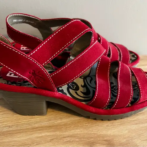 Fly London Sandal Womens Size 37 US 6.5-7 Lipstick Red Print Comfort Heels