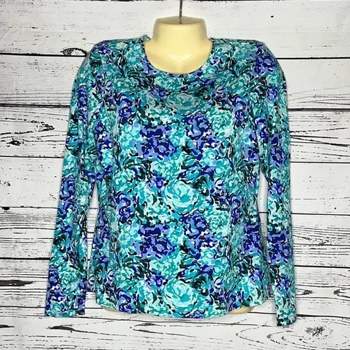 Lands'End Lands’ End Size S 6-8 Blue Floral Long Sleeve Swim Rash Guard Cover-Up Shirt