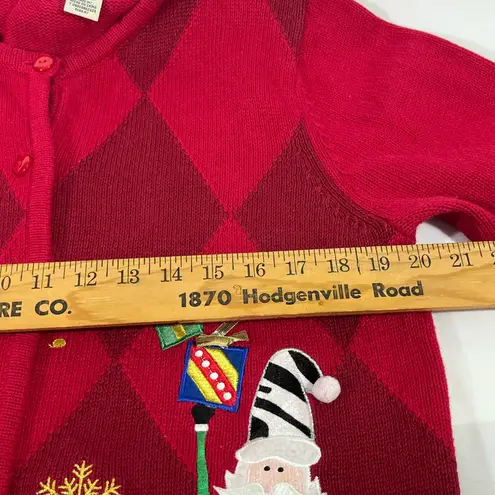 Classic Elements FESTIVE CHRISTMAS ARGYLE CARDIGAN SWEATER SANTA L RED PREOWNED
