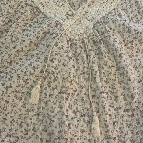 Vintage America Jeans Floral Bohemian 1/2 Sleeve Tassel Blouse Size XL EUC #1453 Brown