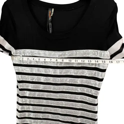 Renee C Sequin Sweater Dress Womens M White Black Stripe Silver Party Holiday Size M
