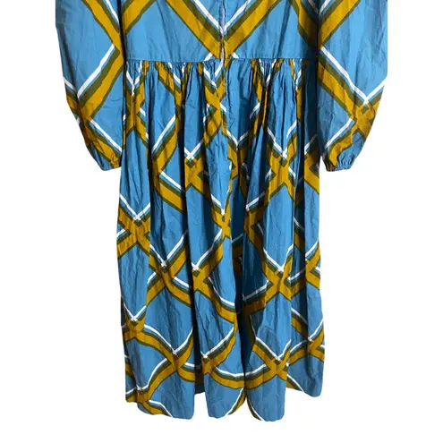 Vintage 1972 Marimekko Grid Pattern Cotton Maxi Dress Blue Yellow Womans 40/12