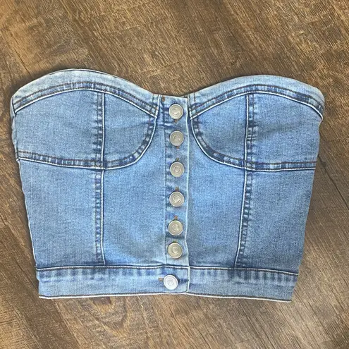 VINTAGE DENIM BUSTIER WITH BUTTON FRONT AND SHEERING IN BACK TO LOOK SNATCHED IN Blue