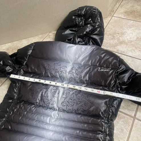 Volkl Womens Black Puffer Jacket Hooded Logo Print Full Zip Sz 10 Ombre ski ec