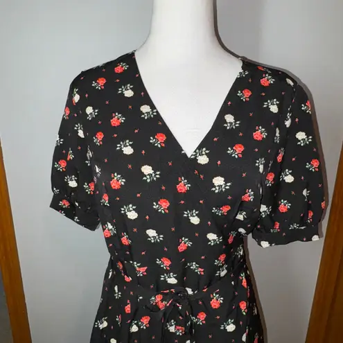 Commense Floral Midi Dress Short Sleeve Wrap Style Black Red Flowers M Size M - Image 2