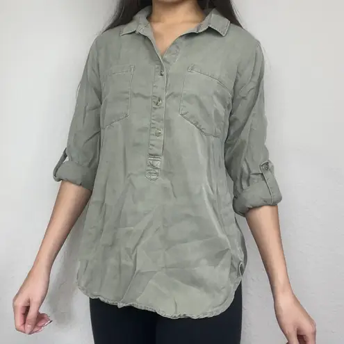 Thread and Supply Army Green Half-Button Collared Shirt