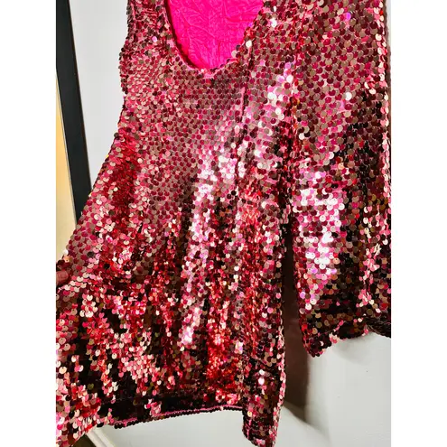 Maeve ANTHROPOLOGY Pink Sequin Mock Neck Bell Sleeve Mini Dress NWT Size XS