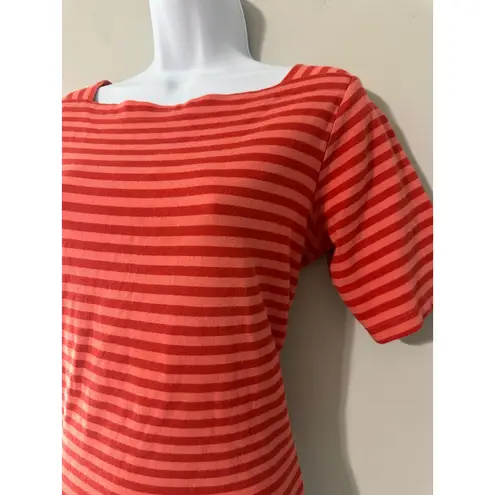 LLBean Women Striped Boat Neck Short Sleeve Top Coral Red Size M REG Size M