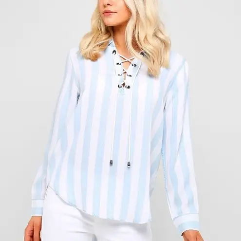 Rails Anthropologie Blue Block Stripe Uli Lace Up Pullover Shirt Size Small - Image 1