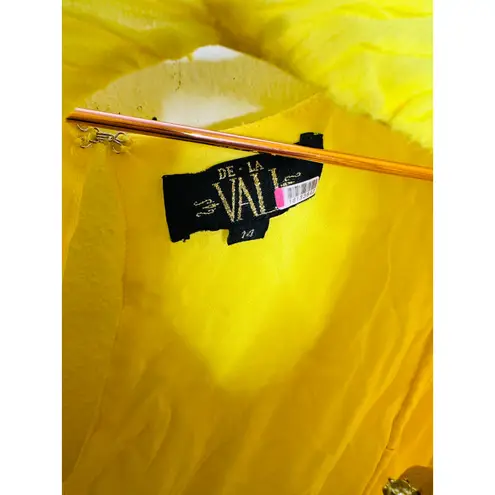DE LA VALI Yellow Middle Front Cutout Ruching Flowy Sheer Skirt Olympia Gown 14 Size 10