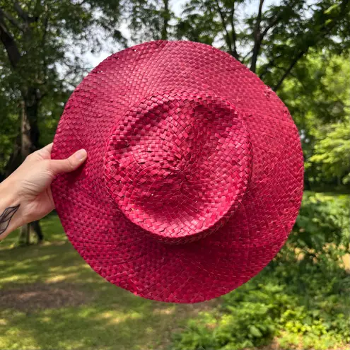 Vintage 70s Woven Straw Boater Hat Pink