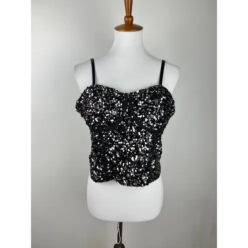 Sparkling Sequin Corset Top Black Strappy Bustier Evening Party Size L