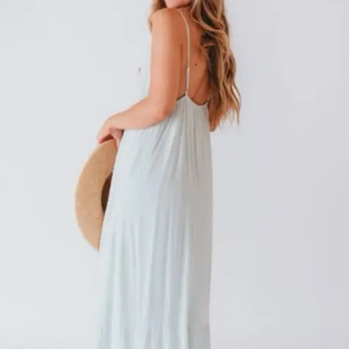 PaperMoon Sage Mint Light Green Deep V Neck Plunging Boho Tiered Maxi Dress L