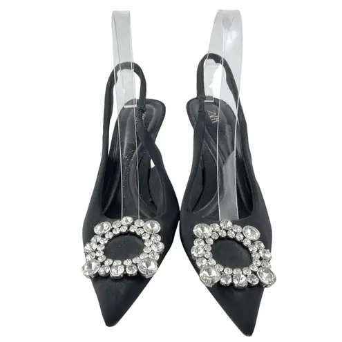 ZARA  Black Embellished Rhinestone Pointed Slingback Pumps Kitten Heels Size 9