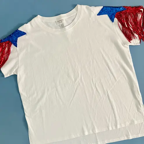 Fantastic Fawn Sequin Shoulder Star White Cotton Short Sleeve Tee