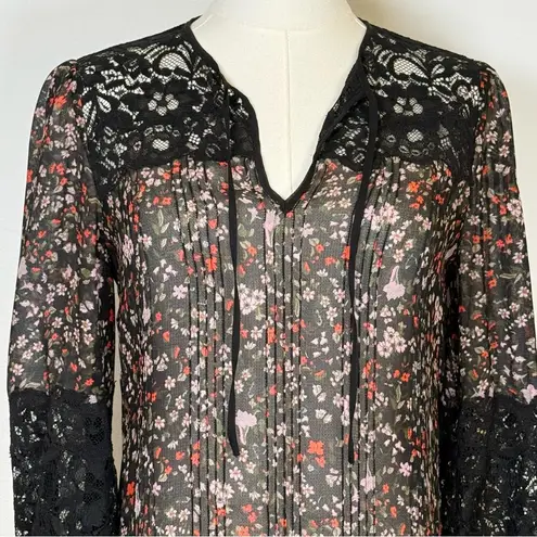 Rebecca Taylor ‘Lyra’ Red Floral Black Lace Pintuck Silk Blouse Women’s Size 00