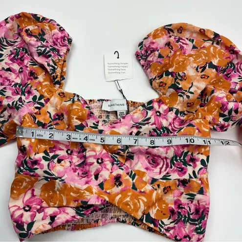 Something Navy Puff Sleeve Floral Crop Top Womens Size XXS Linen Blend NEW
