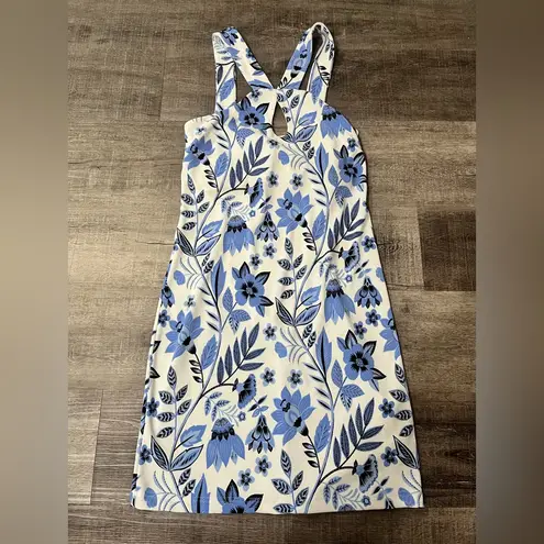 Boston Proper Beyond Travel Print Keyhole Dress in Blue Multi