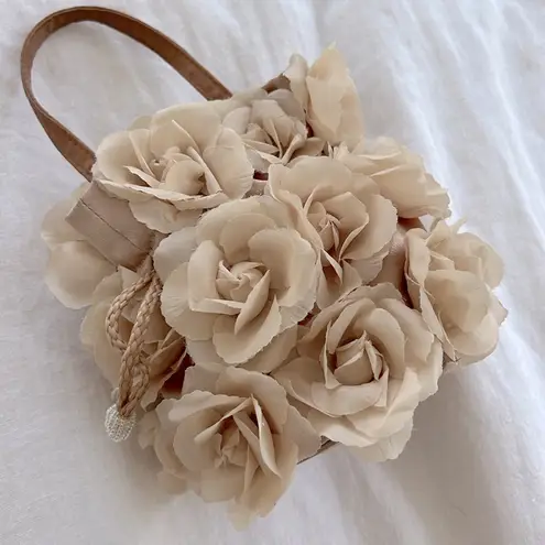 Vintage Roses on Satin Classic Taupe Mini Handbag Leather Handle Tan